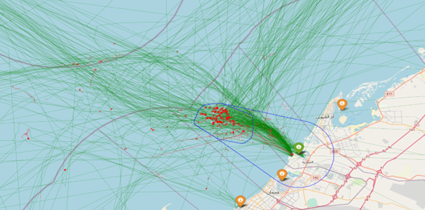 Moves (green), stops (red), waiting (small blue) and arrival (large blue) zones, port of Hamriya (AEHAM)