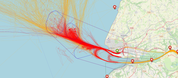 All tracks to arrival zone (orange) and pilot boarding tracks (red) at Le Havre (FRLEH)