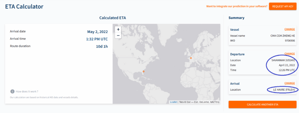 Sinay ETA Calculator with statistical model (port to port)