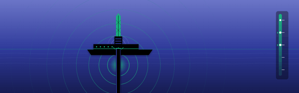Pile driving on an offshore wind site with underwater noise sound wave overlay.