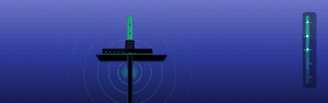 Pile driving on an offshore wind site with underwater noise sound wave overlay.