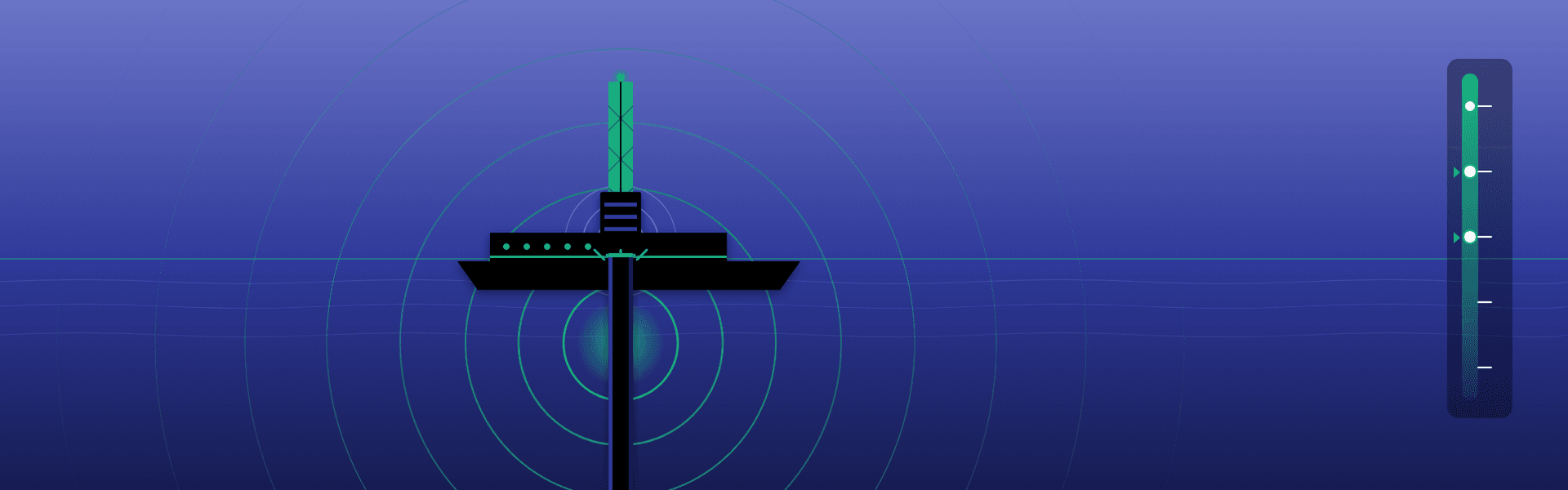 Pile driving on an offshore wind site with underwater noise sound wave overlay.