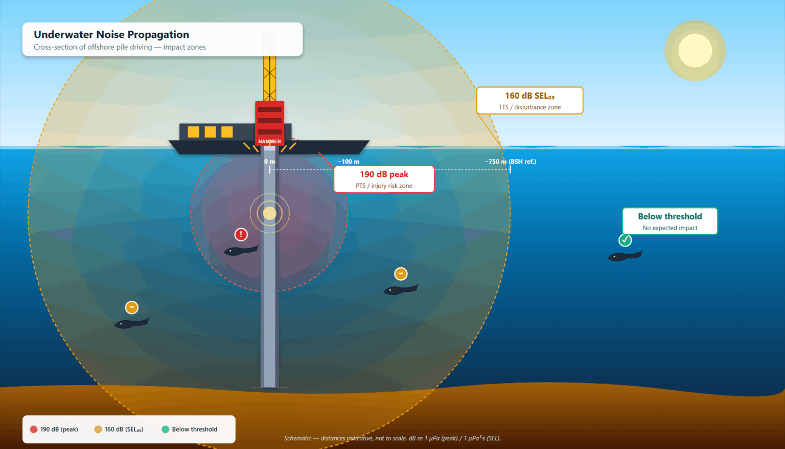 Underwater noise propagation around a pile driving operation.